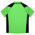 A bright green polo shirt with black accents and a logo on the back.