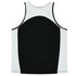 A back view of a black and white singlet featuring a rounded design and contrast stitching. It includes a logo.