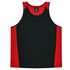 A black and red singlet featuring a logo, designed for kids, with a sporty, sleeveless cut.
