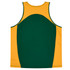 A green and yellow singlet featuring a rounded design and a logo. Suitable for kids' wear.