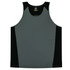A grey and black singlet featuring a logo, made for children.
