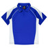 A blue polo shirt with white accents and a collar, featuring a logo on the chest.