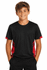 A black T-shirt with red accents, featuring a young boy smiling while posing with hands in pockets.
