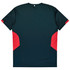 A dark green t-shirt featuring red accents on the sides and a logo on the back.