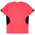 A bright pink T-shirt featuring black side panels and a logo. It has a classic short-sleeve design.