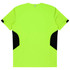 A vibrant yellow T-shirt featuring black panel accents on the sides and a logo on the back.