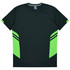 A dark green t-shirt with bright green accents and black stripes on the sides. It has a branded logo.