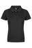 A black polo shirt with a collar and three buttons, featuring a logo on the front.