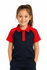 A girl smiles while wearing a navy blue and red polo shirt. The shirt features a logo on the front.