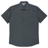 A short sleeve button-up shirt in dark grey with a single chest pocket and a logo on the collar.