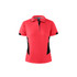 A red polo shirt for women featuring black side panels and a collar. Includes branding on the label.