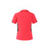A women's polo shirt in bright pink with black side panels and a collar, featuring a logo.