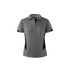 A grey polo shirt with black side panels and a logo on the collar. Short sleeves and a classic polo design.