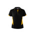 A black and yellow polo shirt featuring a collar, buttons, and a branding logo.
