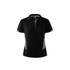 A black polo shirt with grey accents, featuring a collar and a logo on the front.