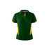 A green and yellow polo shirt with a collar and button placket, featuring a logo on the chest.
