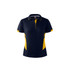 A navy blue and yellow women's polo shirt featuring a branded logo and a modern design.