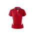 A red polo shirt with white accents and a subtle logo, featuring a classic collar and short sleeves.