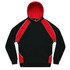 A black hoodie with red accents and a front pocket, featuring a logo on the chest area.