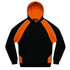 A black and orange kids' hoodie featuring a kangaroo pocket and a hood, with a logo on the front.