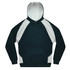 A hoodie featuring a combination of dark green and white colours, with a front pocket and a hood.