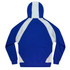 A blue and light grey hoodie with a large hood and contrasting panels on the back. It features a logo.