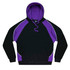 A black hoodie with purple accents and a purple hood, featuring a logo on the front.