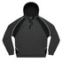 A men's hoodie in dark grey with black accents, featuring a front pocket and a hood. It has a logo.