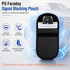 A black PU Faraday signal blocking pouch with a key fob inside, designed for vehicle security against wireless theft.