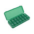 A green seven-day pill organiser with compartments labelled for each day of the week, including morning and evening sections.