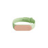 A green wristband with a pink oval-shaped detail and a logo. Adjustable with perforations for sizing.
