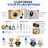 A variety of customisable animal plush keyrings in different colours and eye options, featuring logos and various accessories.