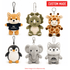 A selection of six cute plush animal keyrings, including a penguin, elephant, giraffe, and wolf, in various colours.
