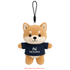 A plush keyring of a cute dog, featuring a brown and cream colour scheme, with a branded shirt.