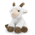 A plush toy of a goat, featuring white fur, brown hooves, and cute facial features. The toy has a logo on it.