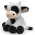 A plush toy cow in white and black, featuring large ears, a round face, and soft fabric for cuddling.