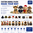 A 20cm custom animal plush toy display featuring various styles and accessories in multiple colours, with a logo present.