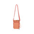 A drink bottle holder in a soft peach colour with a strap and a zippered pocket. It features a logo on the front.