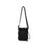 A drink bottle holder in black with a long strap and zippered pocket. It features a logo on the front.