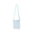 A drink bottle holder with a light blue strap, featuring a drawstring closure and a small front pocket.