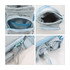 A drink bottle holder in light grey with a blue strap and zippered compartments for storage. Features a mesh pocket.