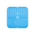 A blue, square dog enrichment lick mat divided into three textured sections. Features hexagonal, bone, and dot patterns.