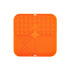 An orange, square silicone lick mat featuring three textured sections: honeycomb, bone shapes, and grid patterns.