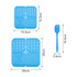 A blue, square 3-section dog enrichment lick mat with measurements. Includes a matching blue spatula tool.