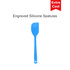 A blue silicone spatula with an engraved handle, featuring a rounded end and a branding logo.