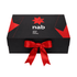 A small black magnetic gift box featuring a red ribbon and a logo on the front.