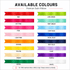 A selection of premium satin ribbon swatches in multiple colours, including red, pink, green, blue, and yellow.