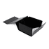 A medium, full colour black gift box with an open lid and a ribbon. Contains a branded interior design.