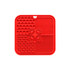 A red, four-section dog enrichment lick mat with various textured patterns, including paw prints and bone shapes.