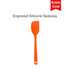 An orange silicone spatula with a flat head and a long handle, featuring an engraved design and a logo.